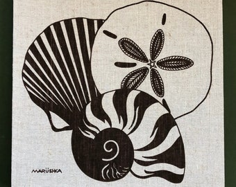 Vintage Mid-Century Marushka Leinen Siebdruck, Braune Muscheln