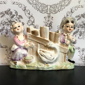 Vintage Bisque Planter, European Style Children with Goose