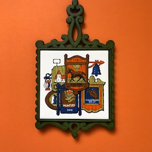 Vintage Colonial Inn Signs Tile Trivet in Cast Iron Frame