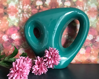 Llamativo jarrón vintage Haeger Floral Artech, modernista de dos asas, turquesa-verde azulado