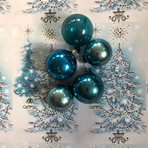 Vintage Blue Glass Christmas Ornaments, Shiny Brite and Made in USA, Set of 5
