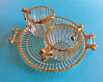 Vintage Mid-Century Jeanette Glass Gold Rimmed Crystal Hostess Serving Set with Hobnail Bottom: Serving Tray, Sugar Bowl, and Creamer