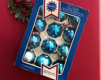 Vintage Blue Christmas ornaments in original box, “Coby"