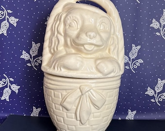 Tarro de cerámica vintage para galletas, con un spaniel en una cesta.