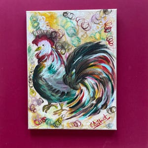 Färgglad original tuppmålning, signerad av konstnären E. Gilbert