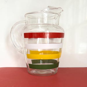 Vintage Mid-Century 42Striped Ice Lip Glass Pitcher, Anchor Hocking “Fiesta Stripes”