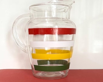 Vintage Mid-Century 42Striped Ice Lip Glass Pitcher, Anchor Hocking “Fiesta Stripes”