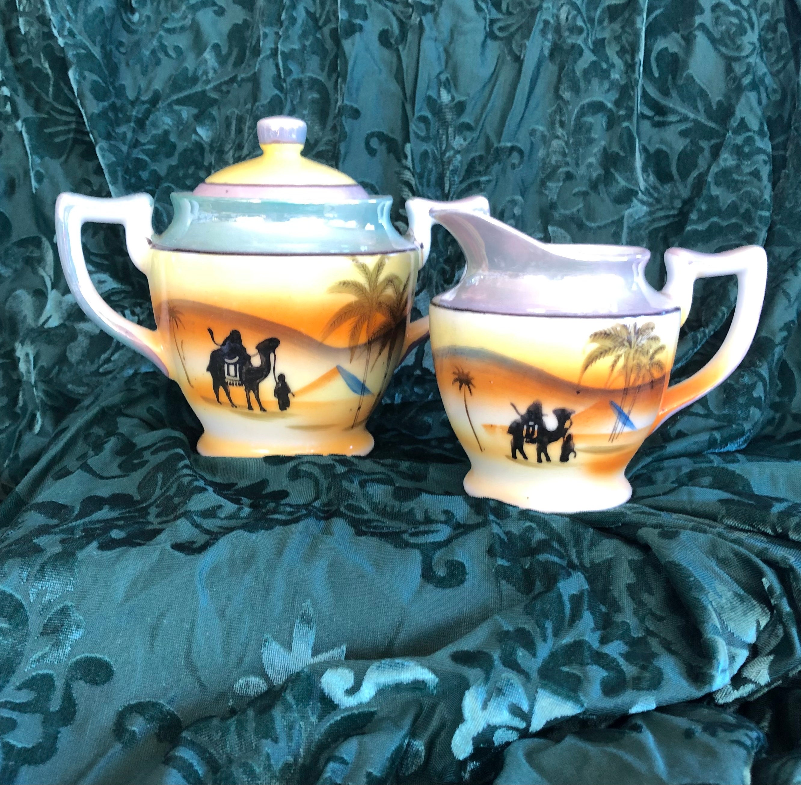 Antique Lustre Egyptian Revival Desert Scene Tea Set, 1920s