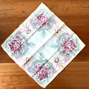 Charming Vintage Floral Bouquet Handkerchief, Red Roses and Pink Ribbons with a Cream Border