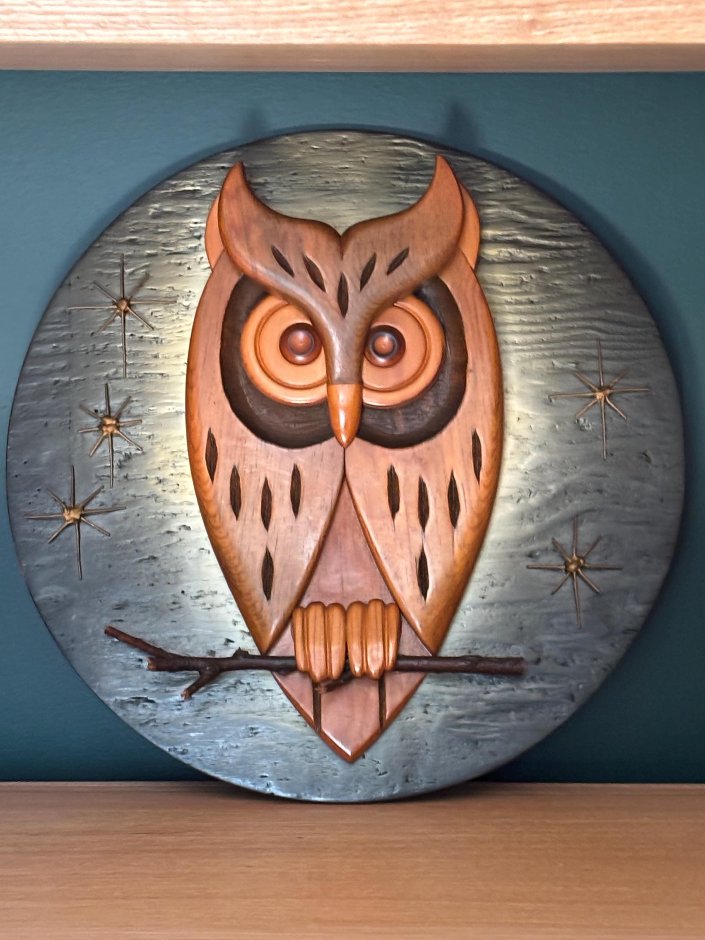 Unusual Vintage Mid-Century Wooden Owl Sculptural Wall Art--So Cool!