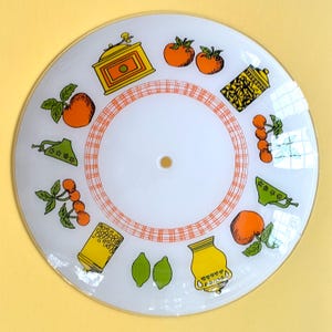 MCM RARE 1960s-Early 70s White Glass Kitchen Light Shade with Retro Kitchen Illustrations in Orange, Green, and Gold