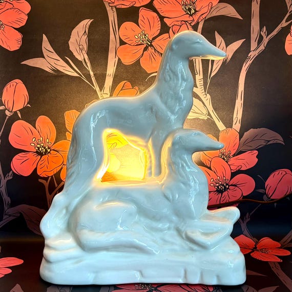 Vintage Ceramic Television Lamp, White Borzoi Russian Wolfhounds
