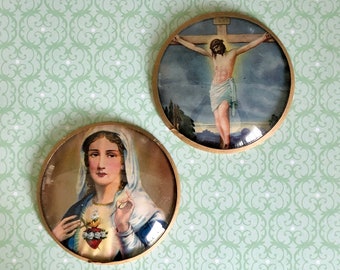 Vintage Religious Pictures in Round Convex Bubble Frames, Pair