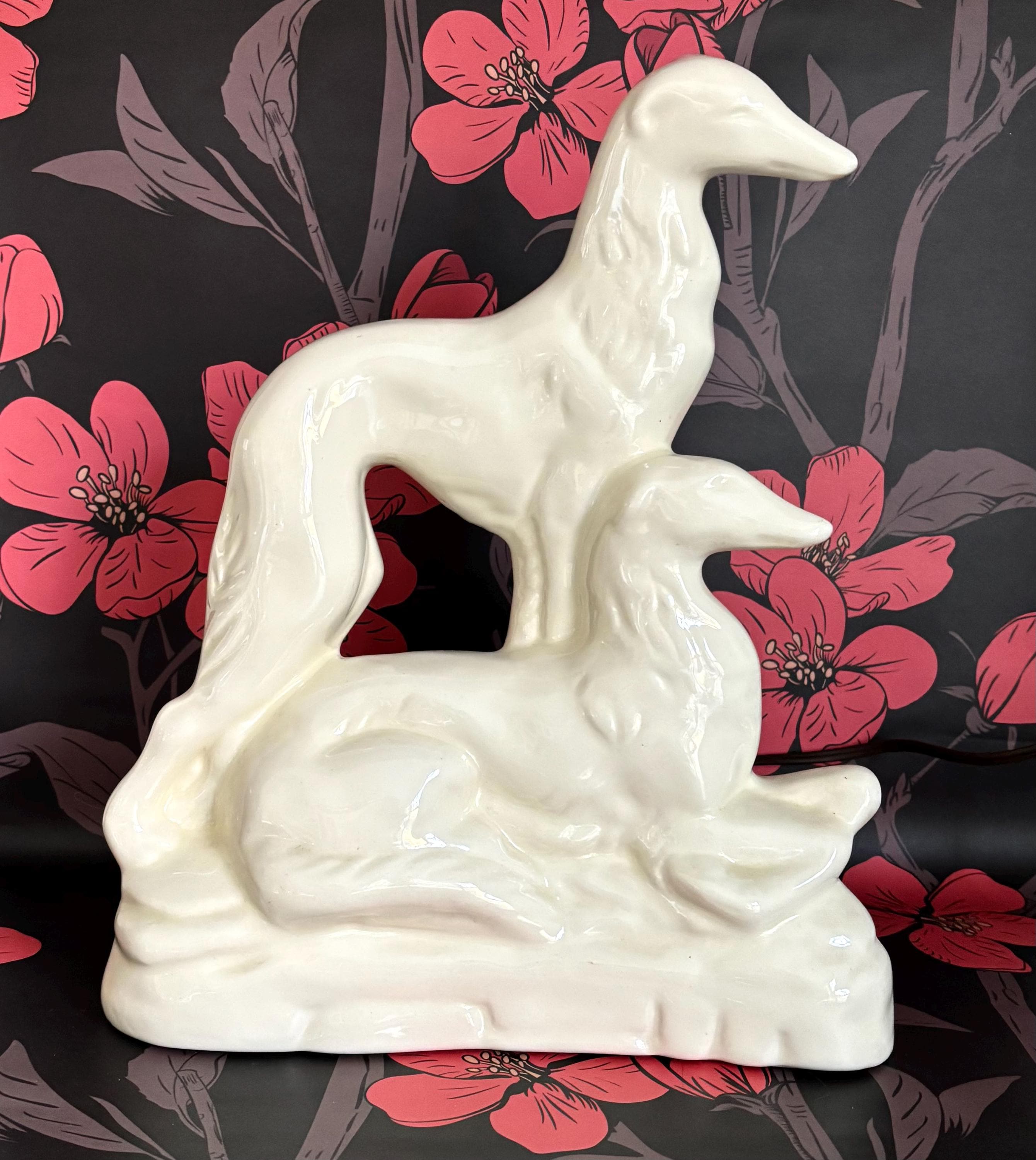 Vintage Ceramic Television Lamp, White Borzoi Russian Wolfhounds