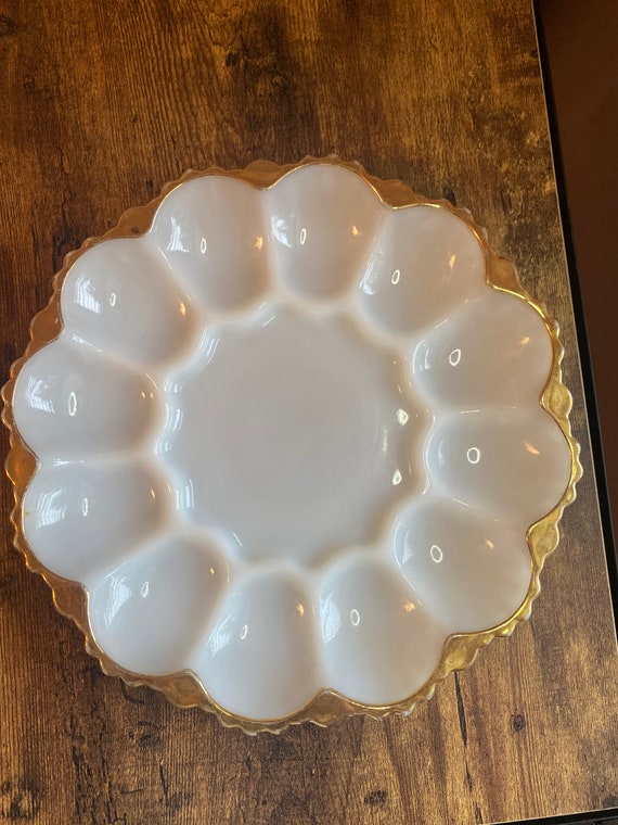 Vintage Milk Glass Egg Tray With Gold Trim Etsy