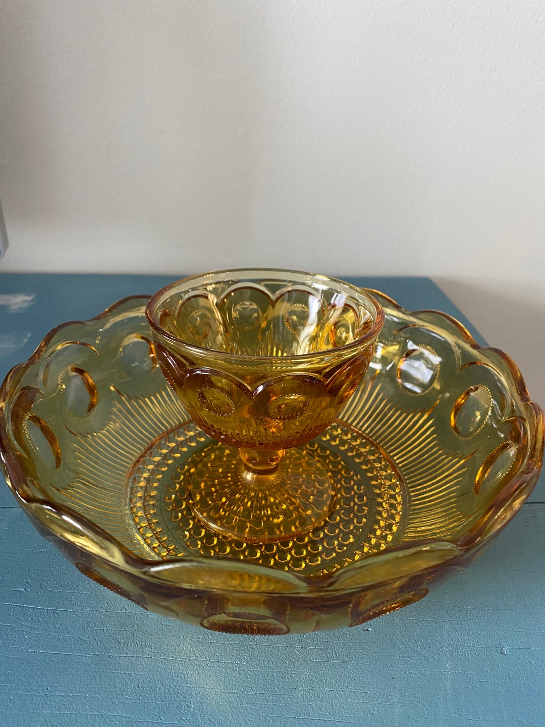Vintage Amber Glass Chip and Dip Serving Bowl Etsy