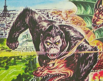 Japanese Monster KAIJU vintage print from 1960s, King Kong and King Ghidorah part of the Godzilla series