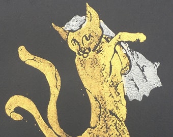 Japonés Yokai Monster Nekomata (Dos gatos de cola) Impresión Linocut / Lino, Decoración gótica del hogar, Arte gótico, Arte alternativo, A4