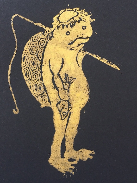 Japanese Yokai Monster Kappa Linocut Lino Print Hand Printed