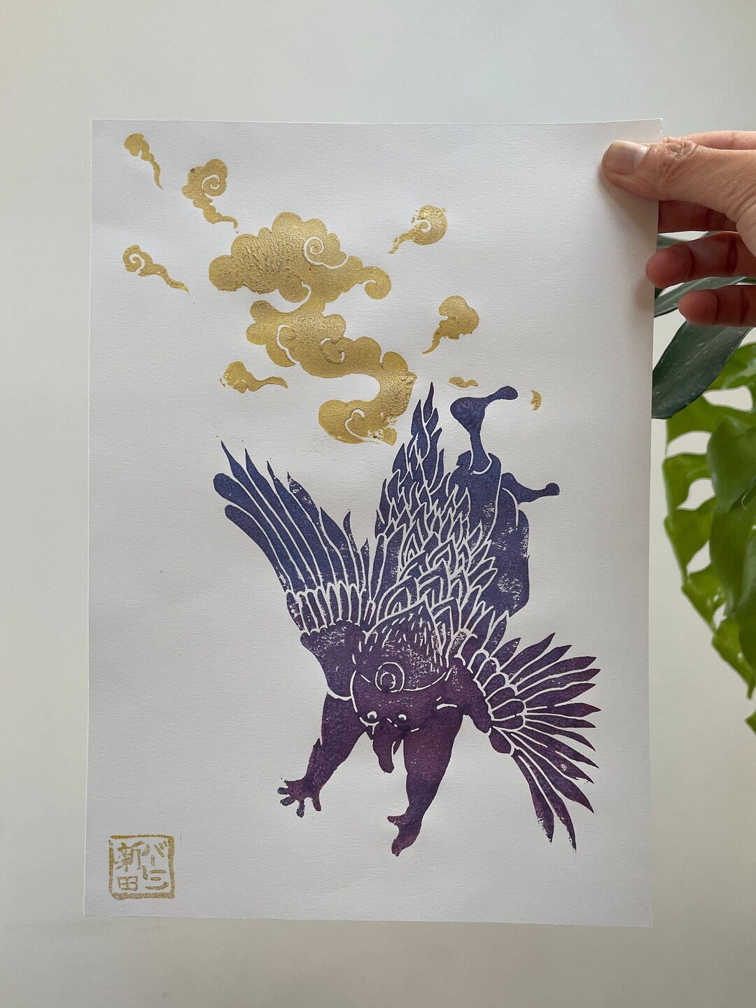 Japanese Yokai Monster Crow Karasu Tengu Hand-printed Linocut / Lino ...