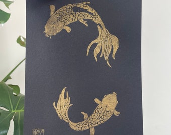Japanese Koi Carp fish hand printed linocut, Original