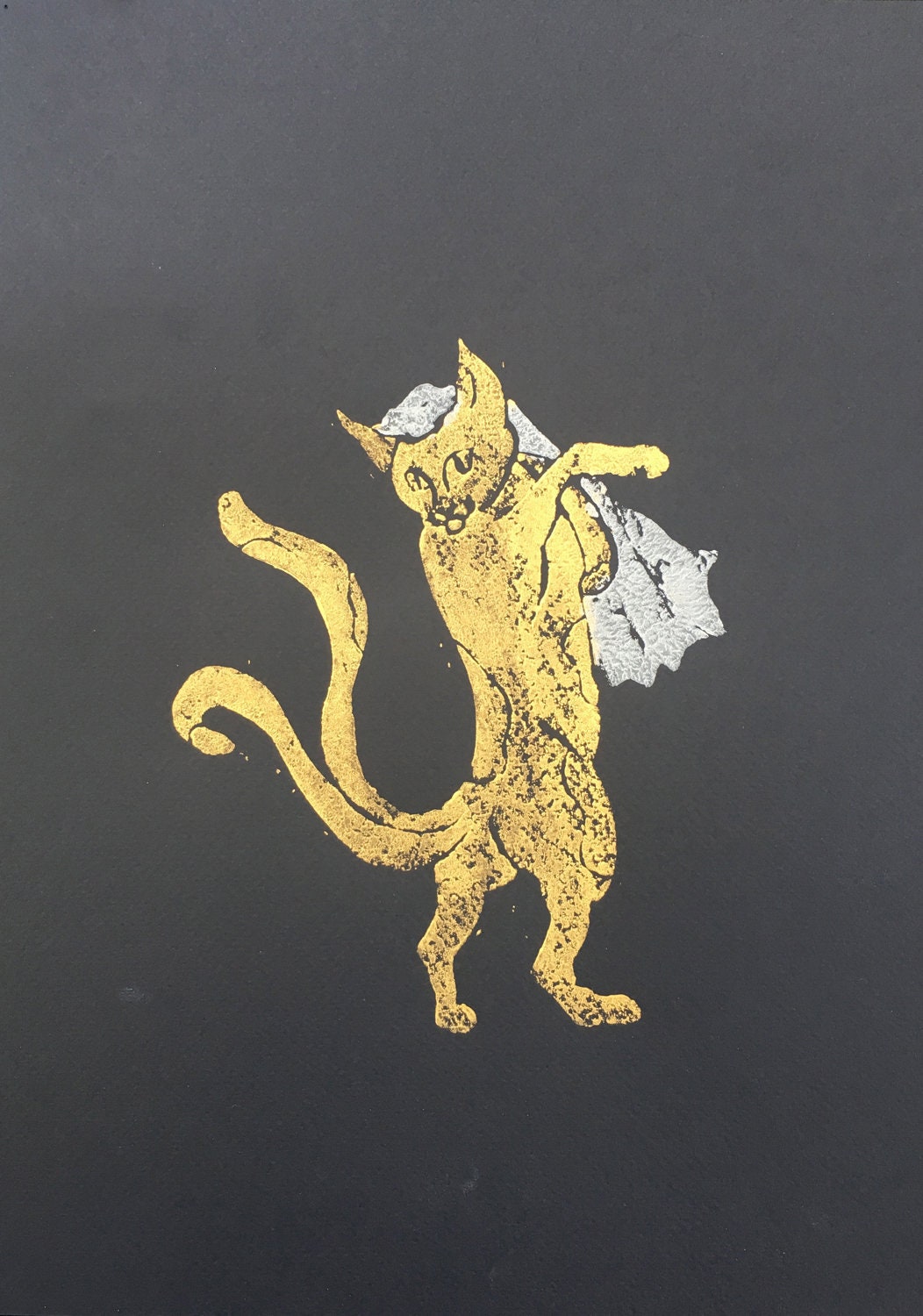 A Monster In Cats Clothing Japanese Name Japanese Yokai Monster Nekomata Two tailed cat Linocut / | Etsy