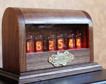 Elizabeth -  American Walnut Nixie Tube Clock with brass decoration elements and customizable engravings