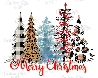 Árvores de Natal Felizes, Leopardo, Xadrez, Sublimação arquivo png / arquivo digital