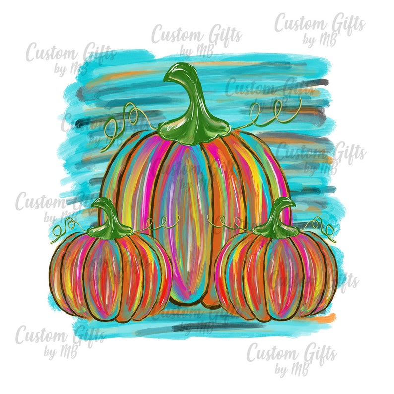 Puede incluir: Tres calabazas pintadas con rayas de colores sobre un fondo azul. La calabaza m&aacute;s grande est&aacute; en el centro y las dos calabazas m&aacute;s peque&ntilde;as est&aacute;n a cada lado. Las calabazas est&aacute;n todas pintadas con diferentes colores, incluyendo rosa, naranja, amarillo, verde y azul.