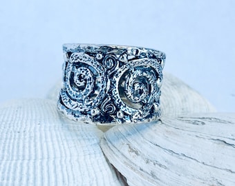 Textured Ring with Hand-Carved Celtic Ivy Vine Pattern - Handmade in Sterling Silver