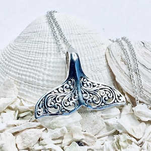 Whale Tail Pendant Carved with a Delicate Filigree Pattern- Handmade in Sterling Silver