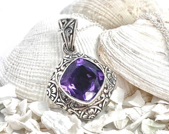 Pendant Hand Carved With a Floral Pattern and Set With a Natural Lozenge Shape Amethyst - Handmade in Sterling Silver