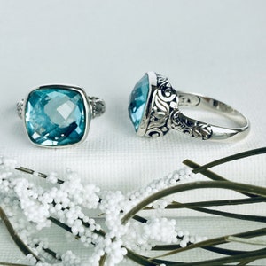 Ring Hand-Carved with Floral Pattern and set with a Square Shaped Natural Blue Topaz - Handmade in Sterling Silver