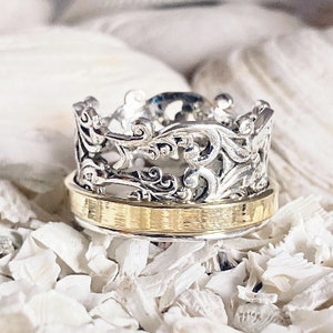 Filigree Crown Meditation Ring with Brass Spinning Band - Handmade in Sterling Silver