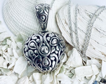 Heart Shape Pendant Hand-Carved with Balinese Floral Pattern - Handmade in Sterling Silver