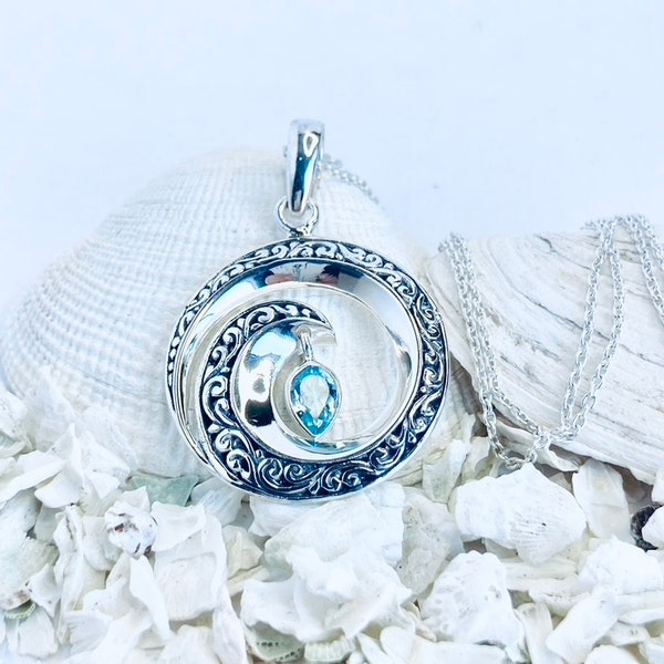 Round Wave Shape Pendant with Dangling Blue Topaz - Handmade in Sterling Silver