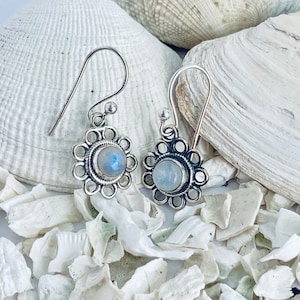 Delicate Dangling Earrings in a Flower Pattern Set with Natural Gemstones - Handmade in Sterling Silver