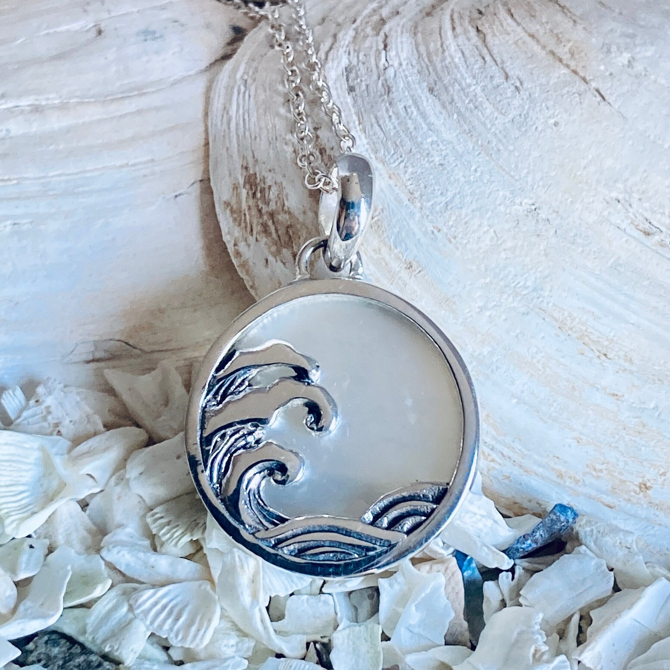 Hand Carved Stormy Wave Pendant with Natural Mother of Pearl - Handmade in Sterling Silver