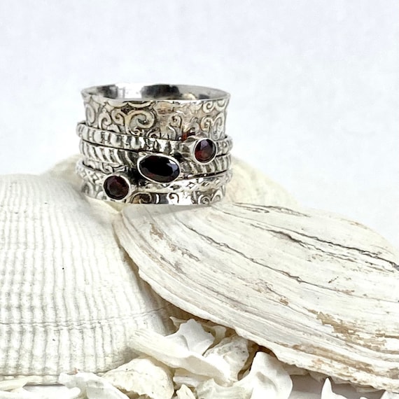 Meditation Ring set with Natural Garnets - Handmade in Sterling Silver.