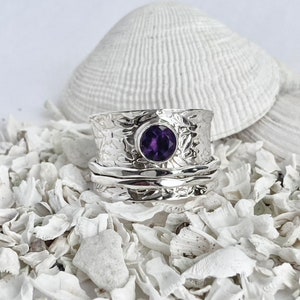 Amethyst Spinner Meditation Sterling Silber Ring, Angst Fidget Sorgen Ring, handgemacht