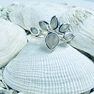 May include: A silver ring with a floral design featuring seven light grey gemstones. The ring is set against a backdrop of white seashells, creating a contrast of textures and colours. The gemstones are cut in a leaf shape.