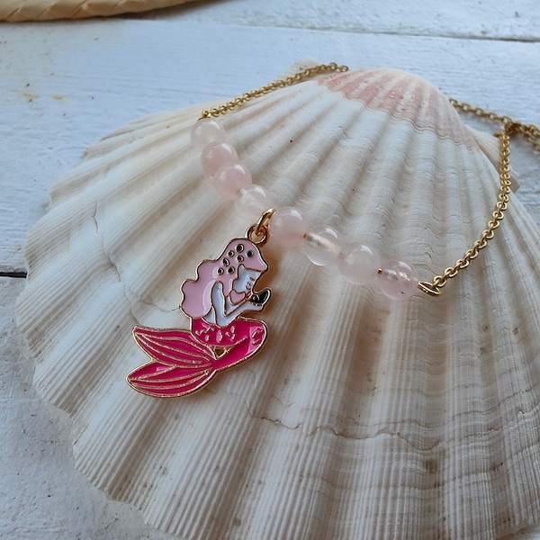 Collier fille la petite sirène avec perle quartz rose