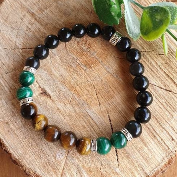 Bracelet homme en perle malachite, obsidienne et oeil du tigre. Cadeau fête des pères.