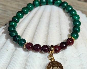 Bracelet paix intérieure en malachite et grenat. Bracelet pierres naturelles fait main