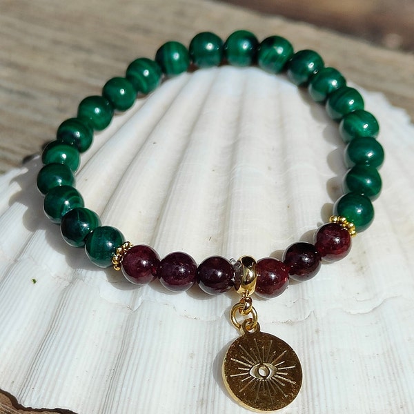 Bracelet paix intérieure en malachite et grenat. Bracelet pierres naturelles fait main