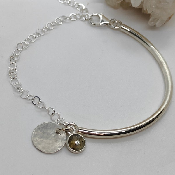 Bracelet tendance demi jonc chaîne avec pendentif labradorite argent 925