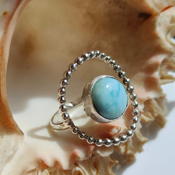 Bague en argent 925 et Larimar, bague perlée tendance, cadeau fête des mères