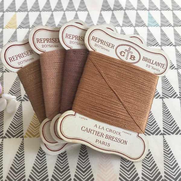 Vintage French Threads - Cartier-Bresson, French Hosiery Cotton, 4 Cards ‘Repriser Brilliante’, Shades of Brown, 22 Yds, Sewing Room Decor