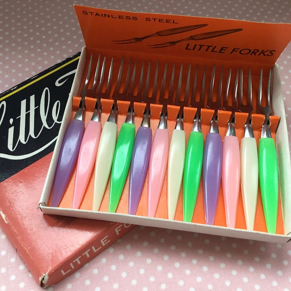 Retro Little Fork Set - Pastel Coloured Mini Pickle Forks, c1960's, Pastel Colours, Original Box, Complete, Cocktails Forks, Retro Gift
