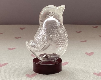 Vintage Glass Bird Perfume Bottle - Mini Clear Glass Cosmetic Bottle,  Brown Bakelite Base, Empty, Cute Glass Bird, Vintage Vanity Display